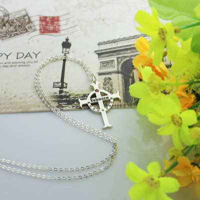personalisierte Kreis Kreuz Halsketten mit BirthstoneName Silber