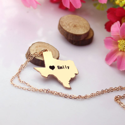 Texas State USA Karte Halskette mit HeartName Rose Gold