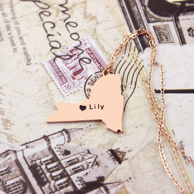 personalisierte NY State Shaped Halskette mit HeartName Rose Gold