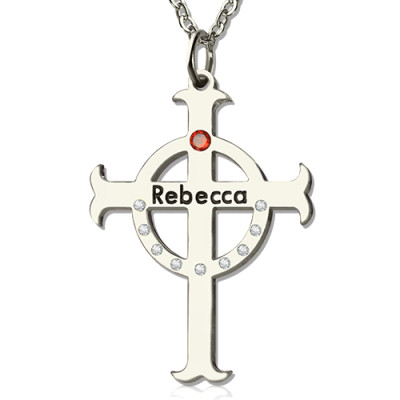 personalisierte Kreis Kreuz Halsketten mit BirthstoneName Silber