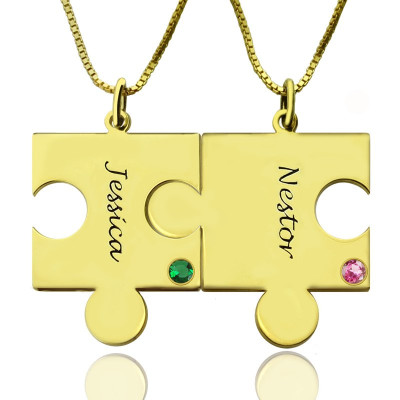 Passendes Puzzle Halskette für Paare mit NameBirthstone 18ct Goldplatte