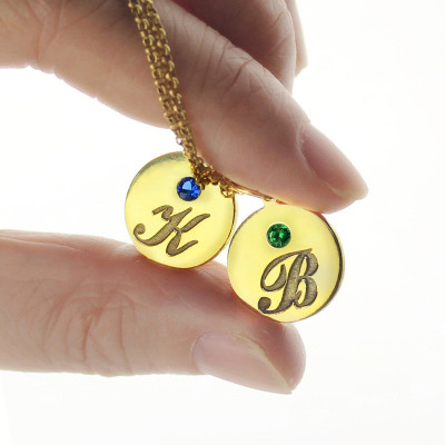Gravierte InitialBirthstone Disc Charme Halskette 18 karätigem Gold überzogen
