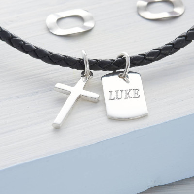 personalisierte Silber Kreuz und Tag Leder Necklet