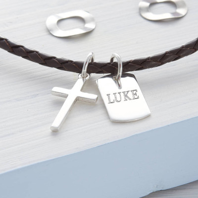 personalisierte Silber Kreuz und Tag Leder Necklet