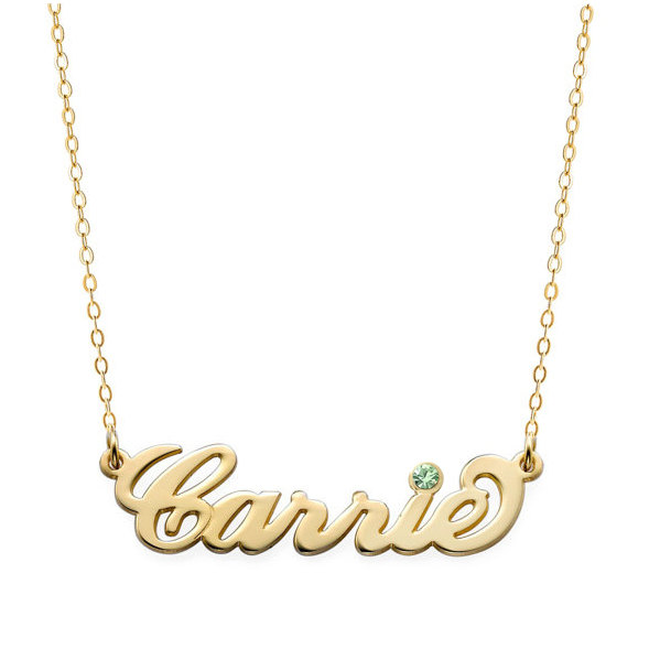 Personalisierte Gl&uuml;cksstein Halskette im Carrie Stil aus 18 Karat Gelbgold vergoldetem 925 Sterling Silber - W&auml;hlen Sie Ihren Namen aus