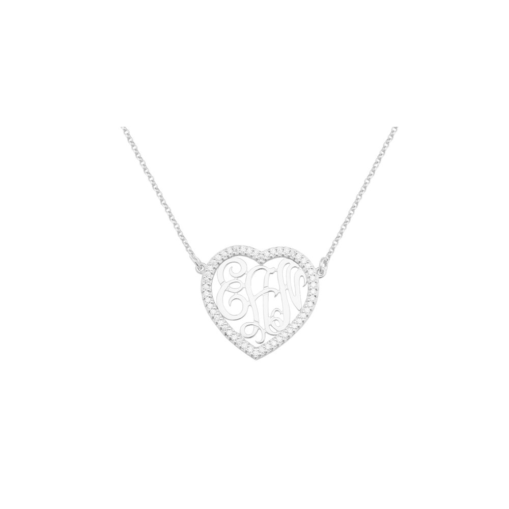 Rhodium Halskette Herz mit Swarovski Zirkonia - 925 Sterling Silber Monogramm Anh&auml;nger Wei&szlig;
