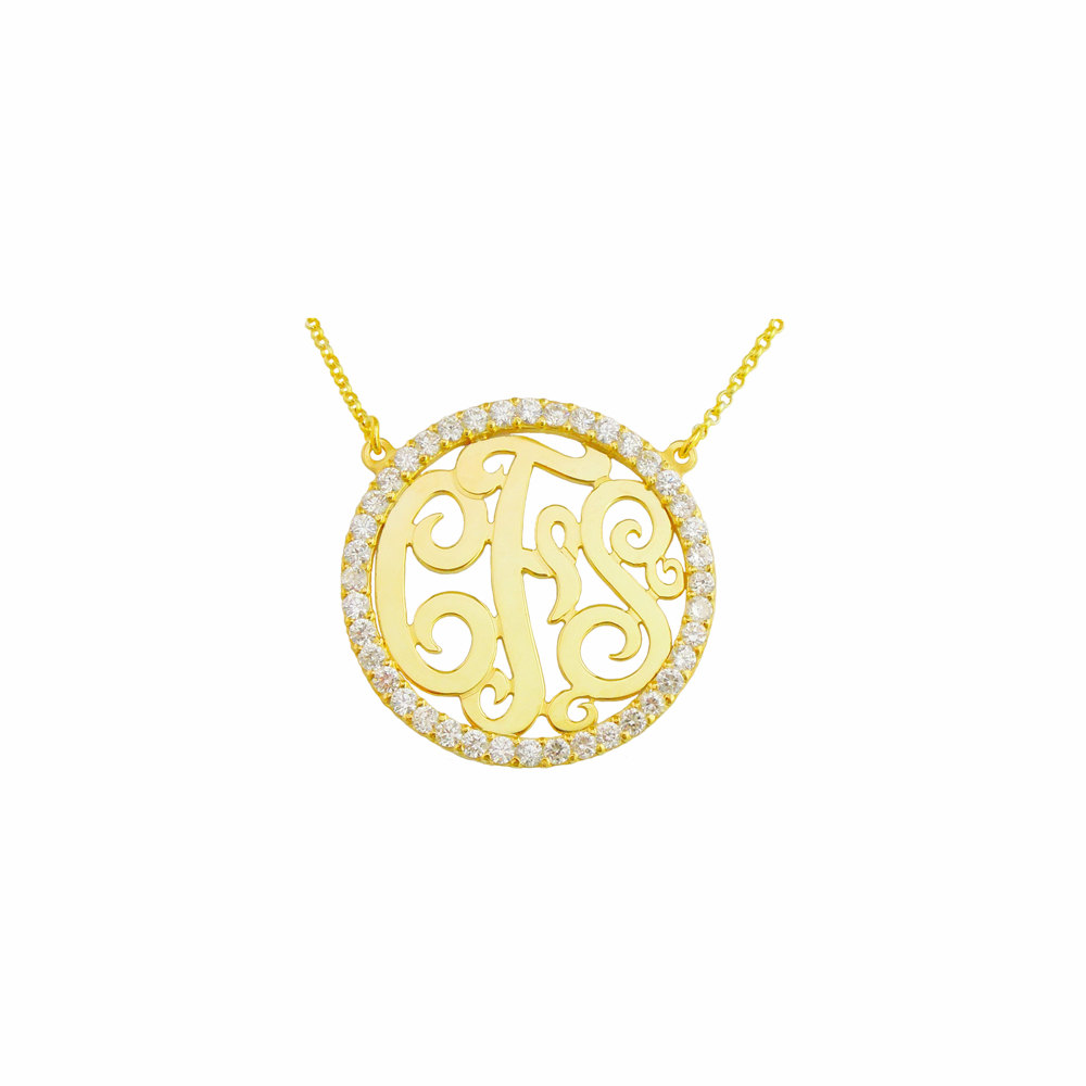 Mono207 Gelb Plated1 3 8&quot; Sterling Silber mit 40 Swarovski Zirkonia Steinen Monogramm Halskette - Hochwertiger Schmuck