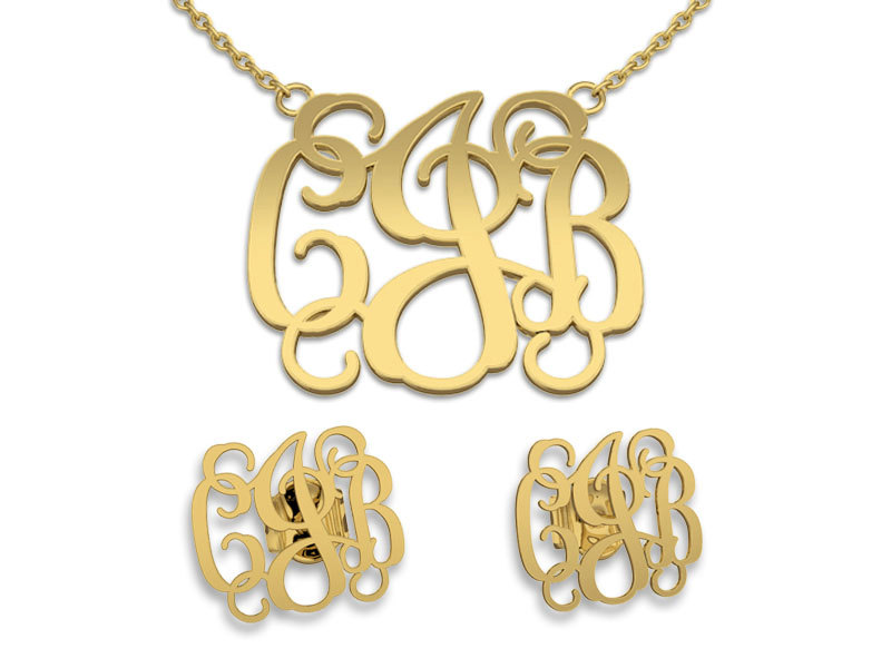 Monogramm Halskette und Ohrringe Set | 14K Gold Schmuck f&uuml;r Brautjungfern | Personalisierte Namen Kette
