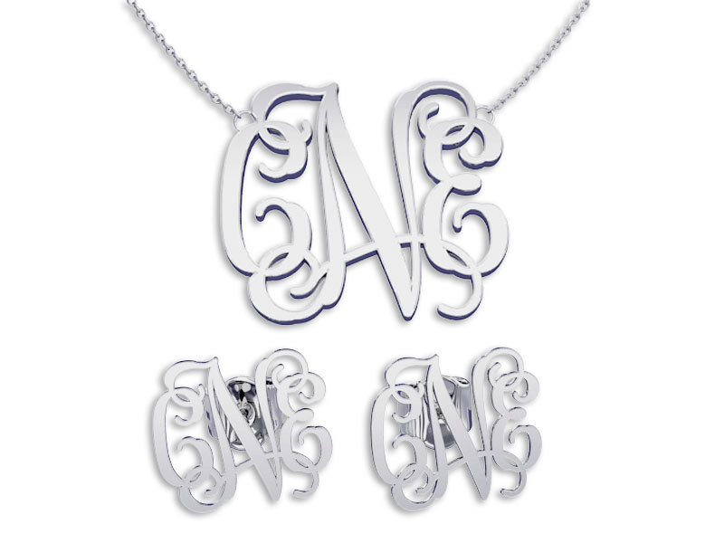 Monogramm Halskette &amp; Ohrringe Set Silber | Personalisierter Brautjungfern Schmuck | Name Gravur