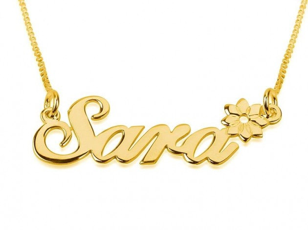 Personalisierte Gold 24K Sterlingsilber Namenskette mit Blumenmotiv und Kette