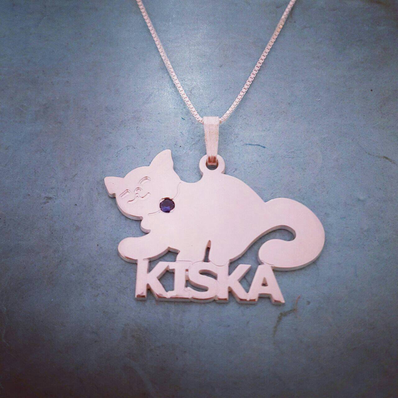 Personalisierte Katzen Namenskette aus Sterling Silber mit Geburtsstein - Geschenk f&uuml;r Katzenliebhaber