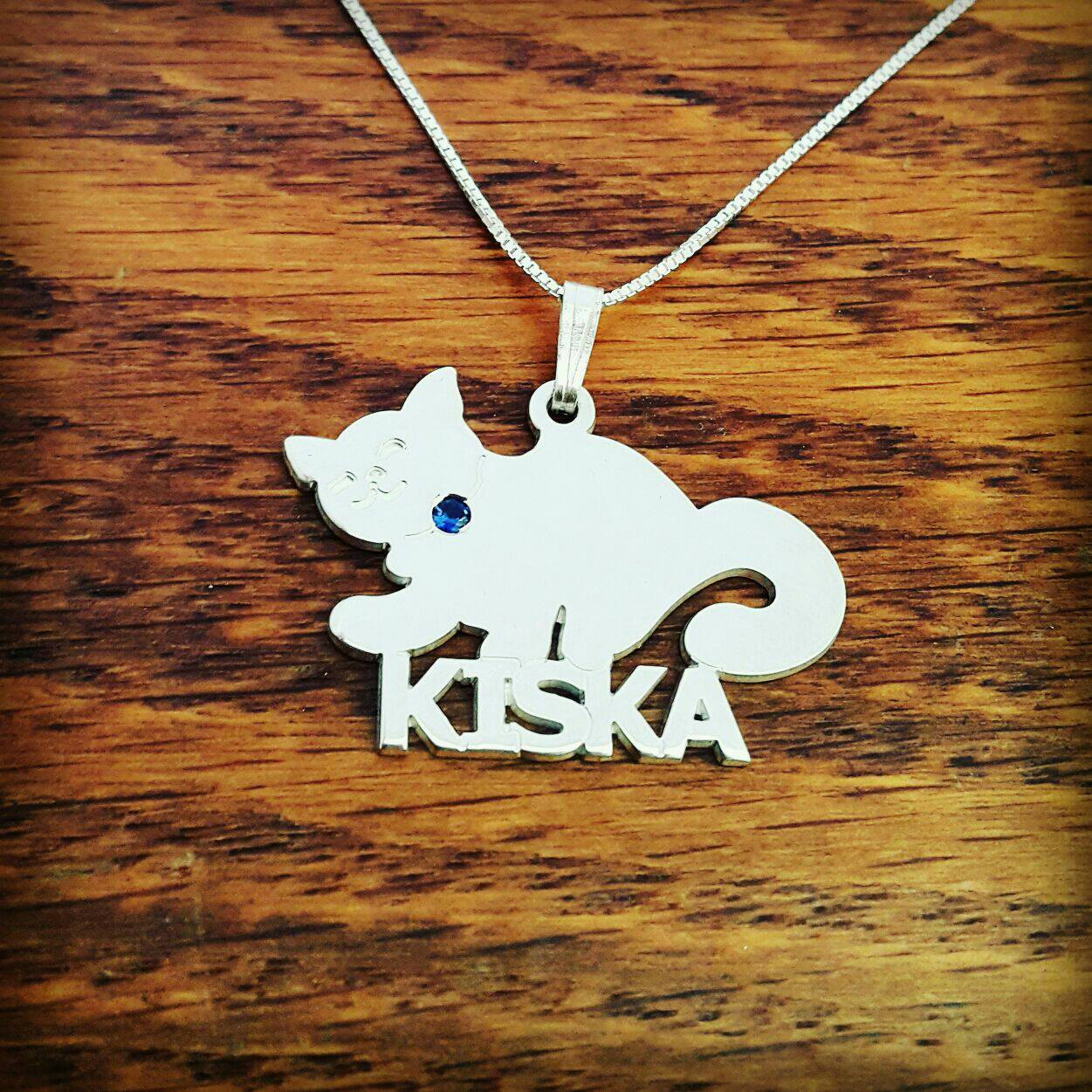 Personalisierte Katzen Namenskette aus Sterling Silber mit Geburtsstein - Geschenk f&uuml;r Katzenliebhaber