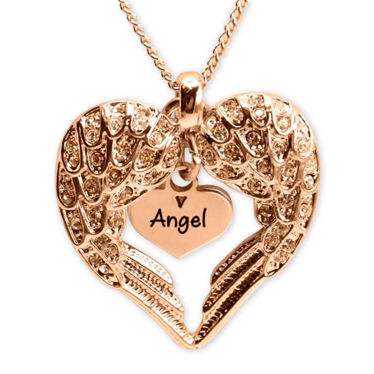 Personalisierte Engel Herz Halskette mit Herz Einsatz in 18ct Ros&eacute;gold