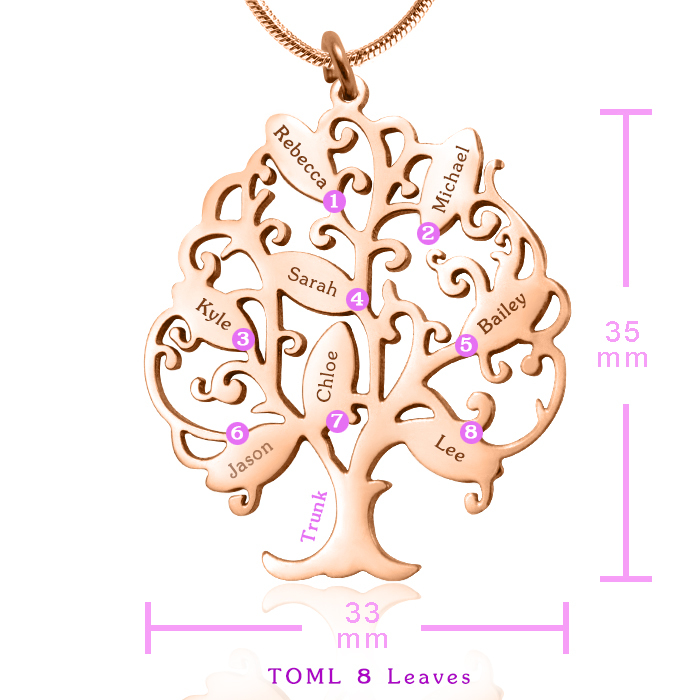 Personalisierte 18ct Rose Gold &uuml;berzogene Baum des Lebens Halskette - 8 individuelle Anh&auml;nger