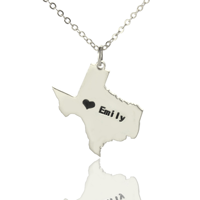 Texas State USA Karte Halskette mit Herzanh&auml;nger aus Silber