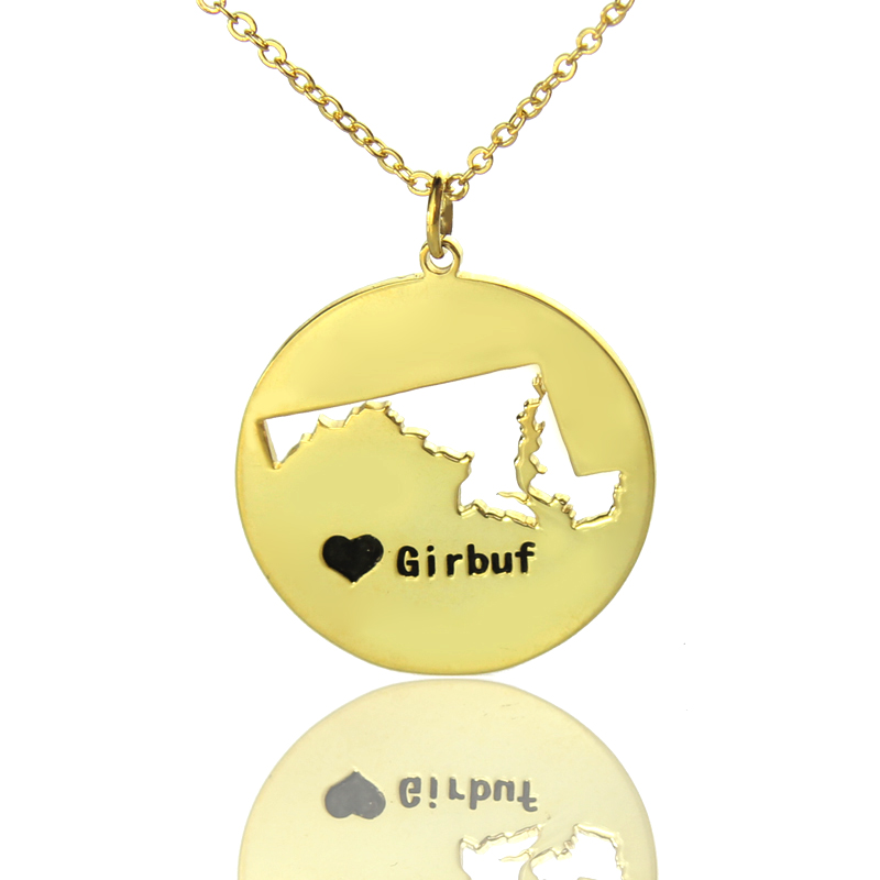 Personalisierte Maryland Disc State Halskette mit Herzname in Gold &uuml;berzogen