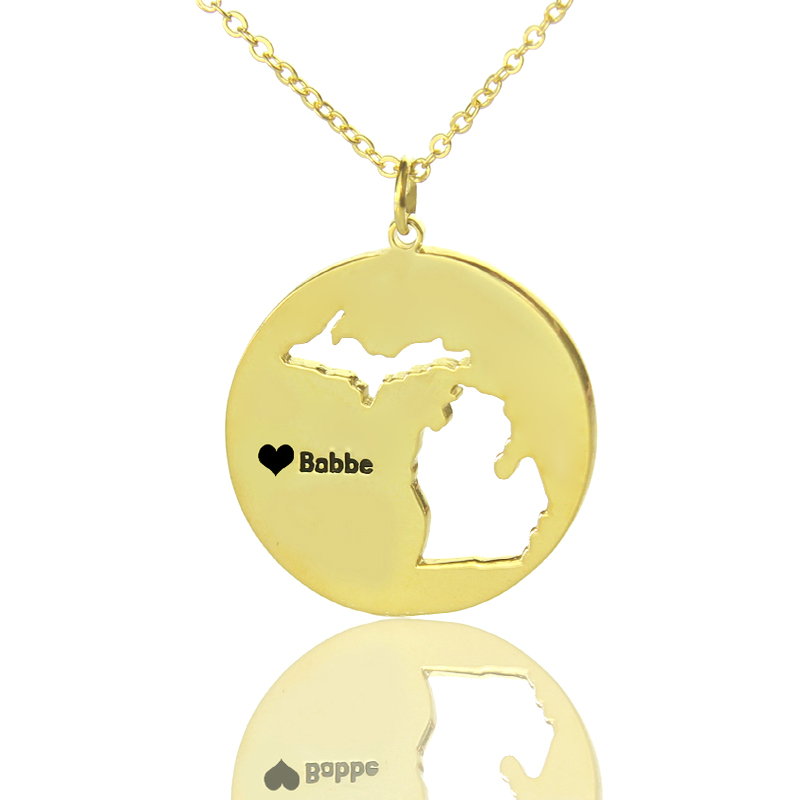 Personalisierte Michigan Disc State Halskette mit Herzname - Gold &uuml;berzogen