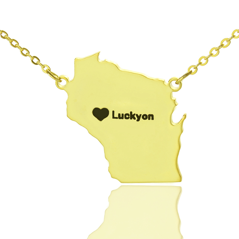 Personalisierte Wisconsin State Halskette mit Herzanh&auml;nger - Gold &uuml;berzogen