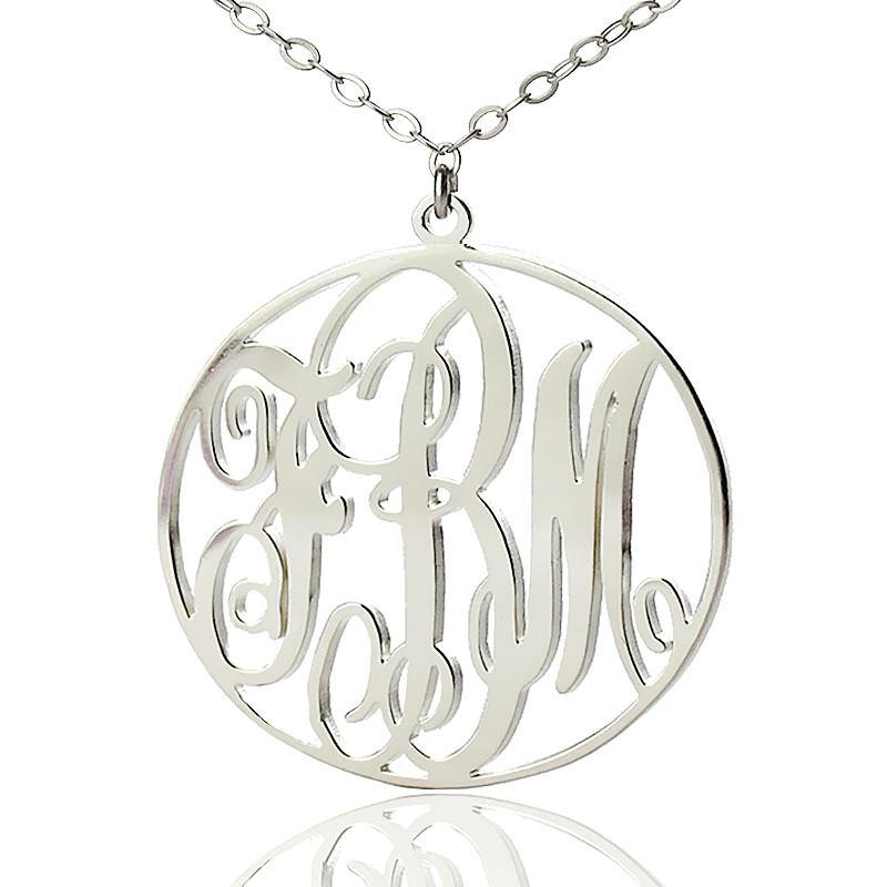 Personalisierte 18ct wei&szlig;goldbeschichtete Rebe Schrift Kreis Initialen Monogramm Halskette
