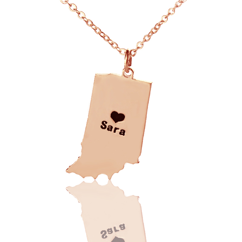 Personalisierte Indiana State Halskette mit Herzanh&auml;nger in Ros&eacute;gold - HeartName