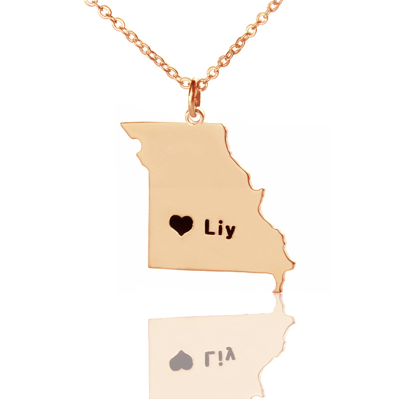 Personalisierte Missouri Staatsform Halskette mit Herz und Namen in Ros&eacute;gold