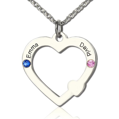Doppelnamen Open Heart Halskette mit Geburtsstein aus Sterling Silber - Personalisierter Schmuck