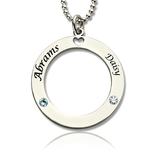 Personalisierte Kreis der Liebe Namenskette mit Gravur und Silber Birthstone