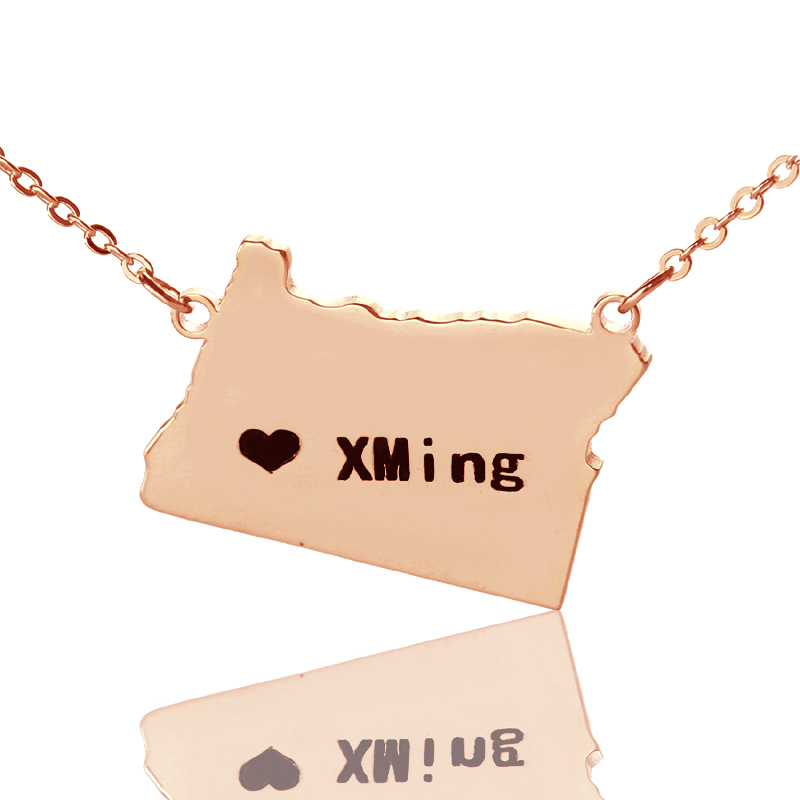Personalisierte Oregon State USA Karte Halskette mit Herzanh&auml;nger in Ros&eacute;gold - HeartName