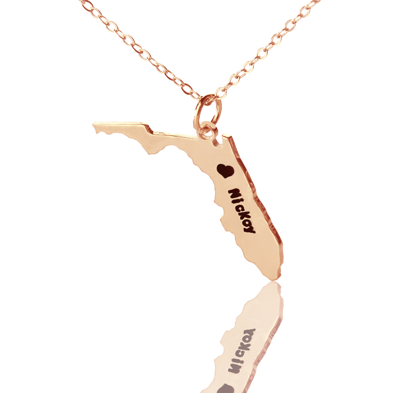 Personalisierte Florida State USA Karte Halskette mit Herzanh&auml;nger in Ros&eacute;gold