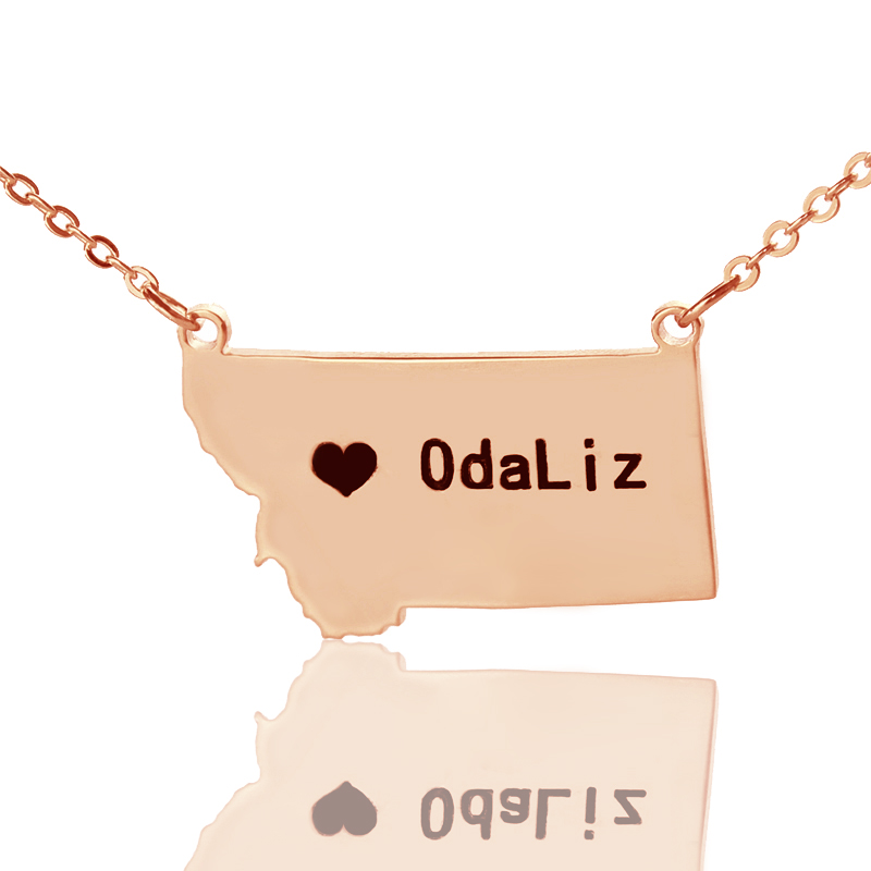 Personalisierte Montana State geformte Halskette mit Herz und Namen in Ros&eacute;gold