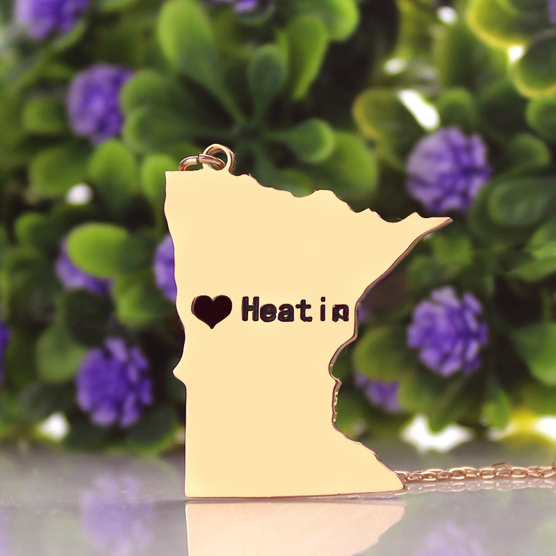 Personalisierte Minnesota State Halskette mit Herzanh&auml;nger in Ros&eacute;gold - Individueller Name