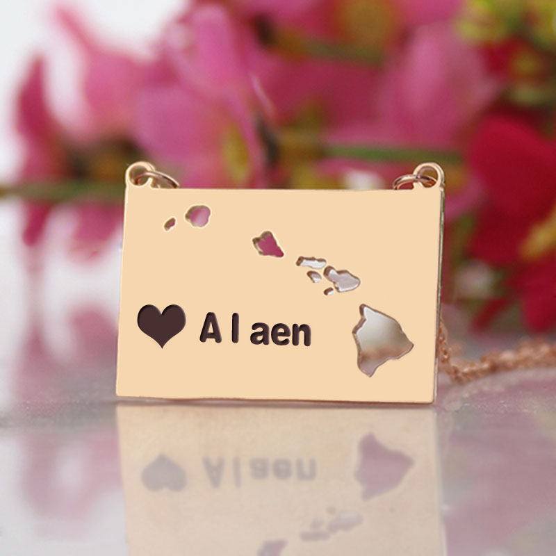 Personalisierte Hawaii State Halskette mit Herzanh&auml;nger in Ros&eacute;gold - HeartName