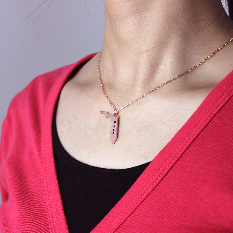 Personalisierte Florida State USA Karte Halskette mit Herzanh&auml;nger in Ros&eacute;gold