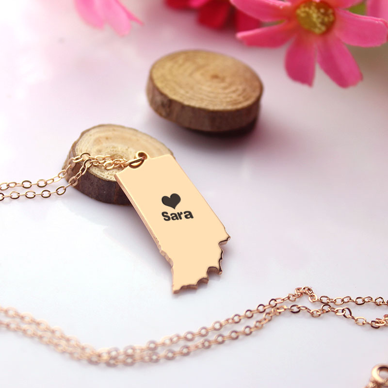 Personalisierte Indiana State Halskette mit Herzanh&auml;nger in Ros&eacute;gold - HeartName