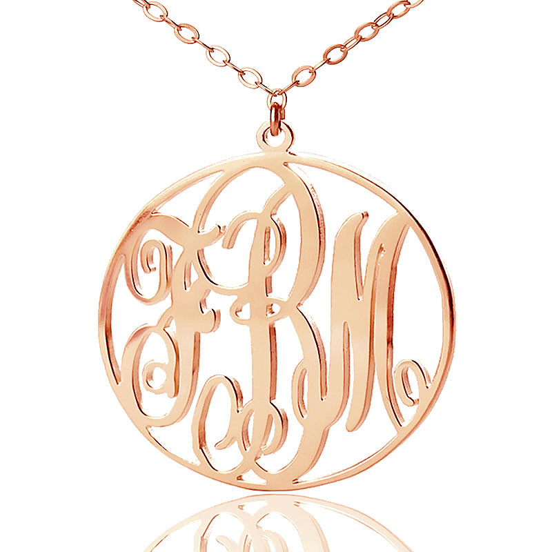 Personalisierte 18ct Rose Gold &uuml;berzogene Rebe Schrift Kreis Initialen Monogramm Halskette