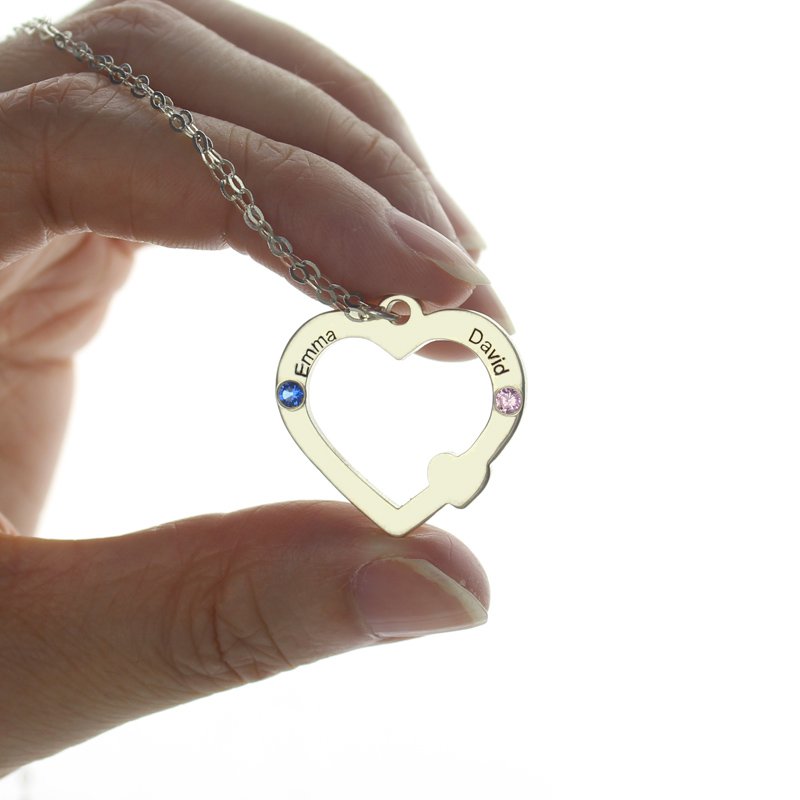 Doppelnamen Open Heart Halskette mit Geburtsstein aus Sterling Silber - Personalisierter Schmuck